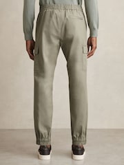 Reiss Washed Khaki Green Haven Cotton Drawstring Cargo Trousers - Image 5 of 6