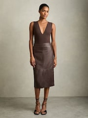 Reiss Burgundy Miley Leather Pencil Skirt - Image 1 of 6