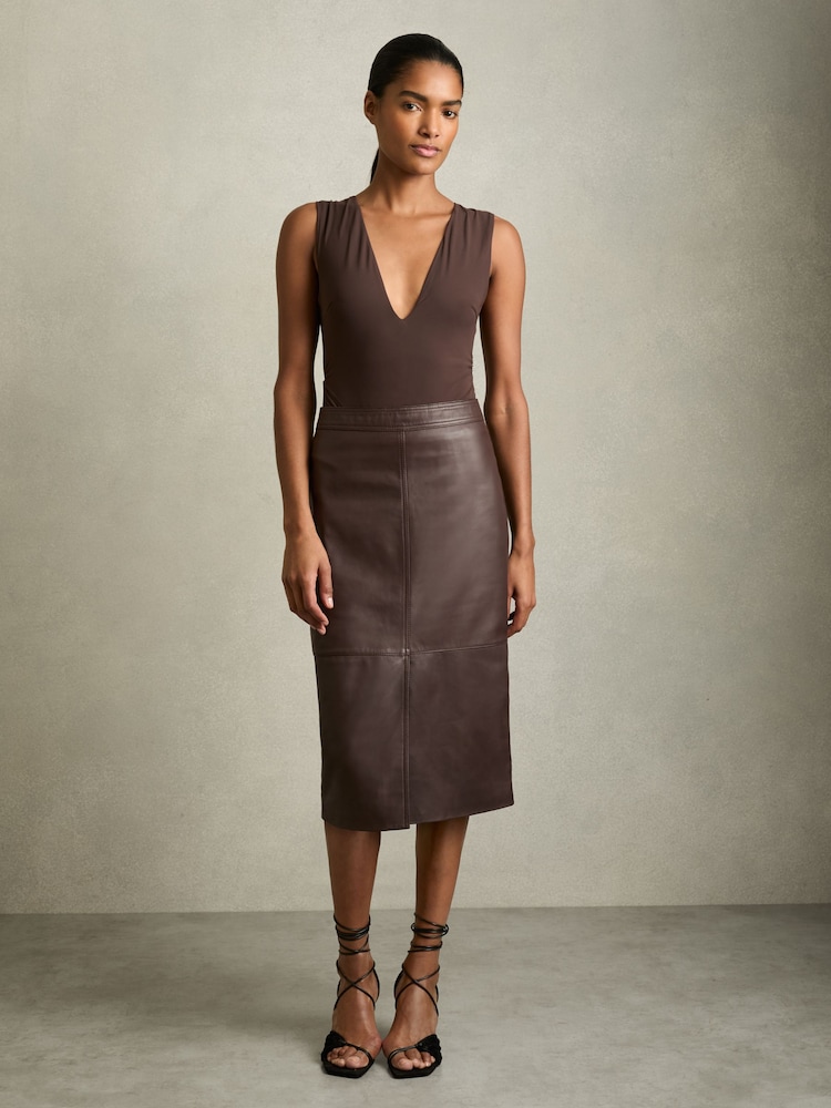 Reiss Burgundy Miley Leather Pencil Skirt - Image 1 of 6