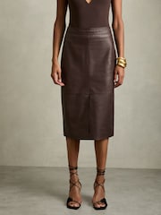 Reiss Burgundy Miley Leather Pencil Skirt - Image 3 of 6