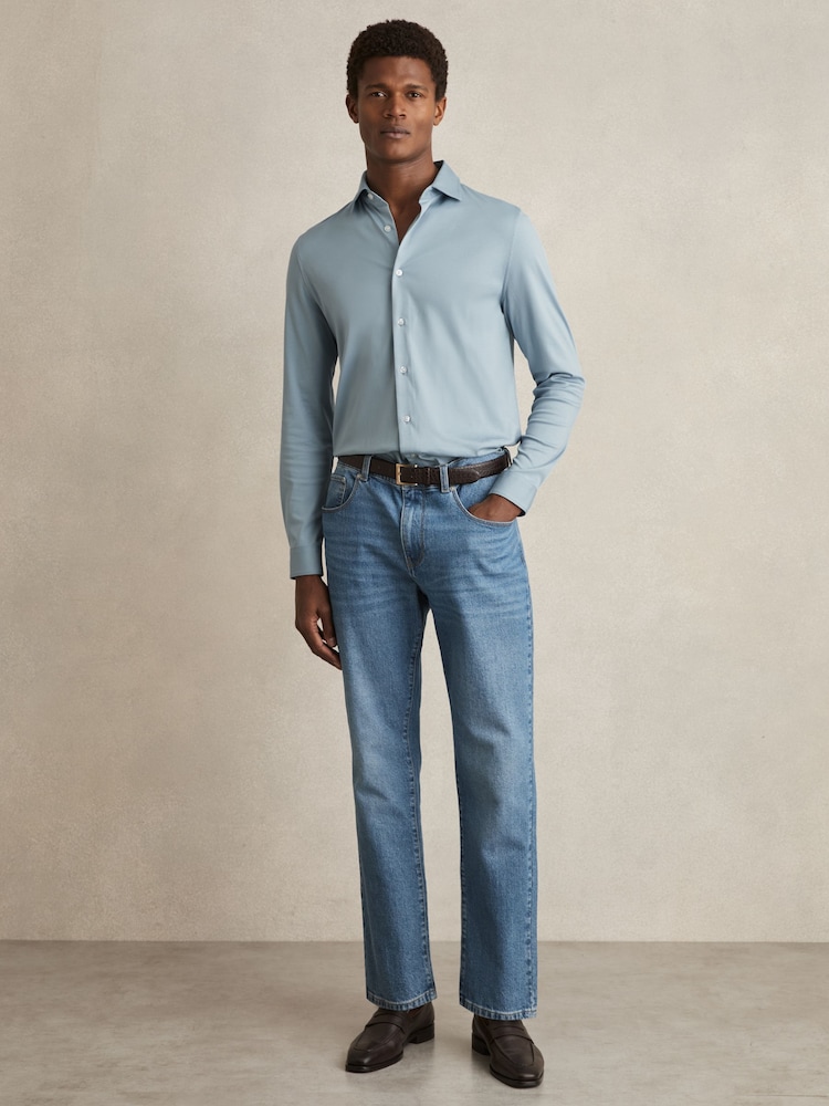 Reiss Soft Blue Duke Cotton-Jersey Button-Through Shirt - Image 1 of 6