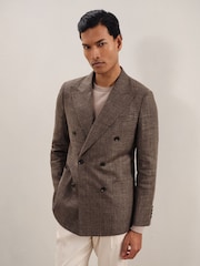 Reiss Dark Brown Ramsay Slim Fit Linen Double-Breasted Check Blazer - Image 1 of 9