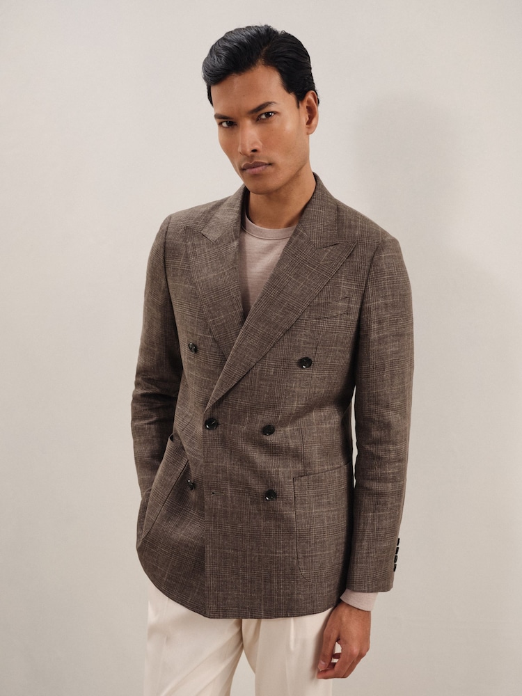 Reiss Dark Brown Ramsay Slim Fit Linen Double-Breasted Check Blazer - Image 1 of 9