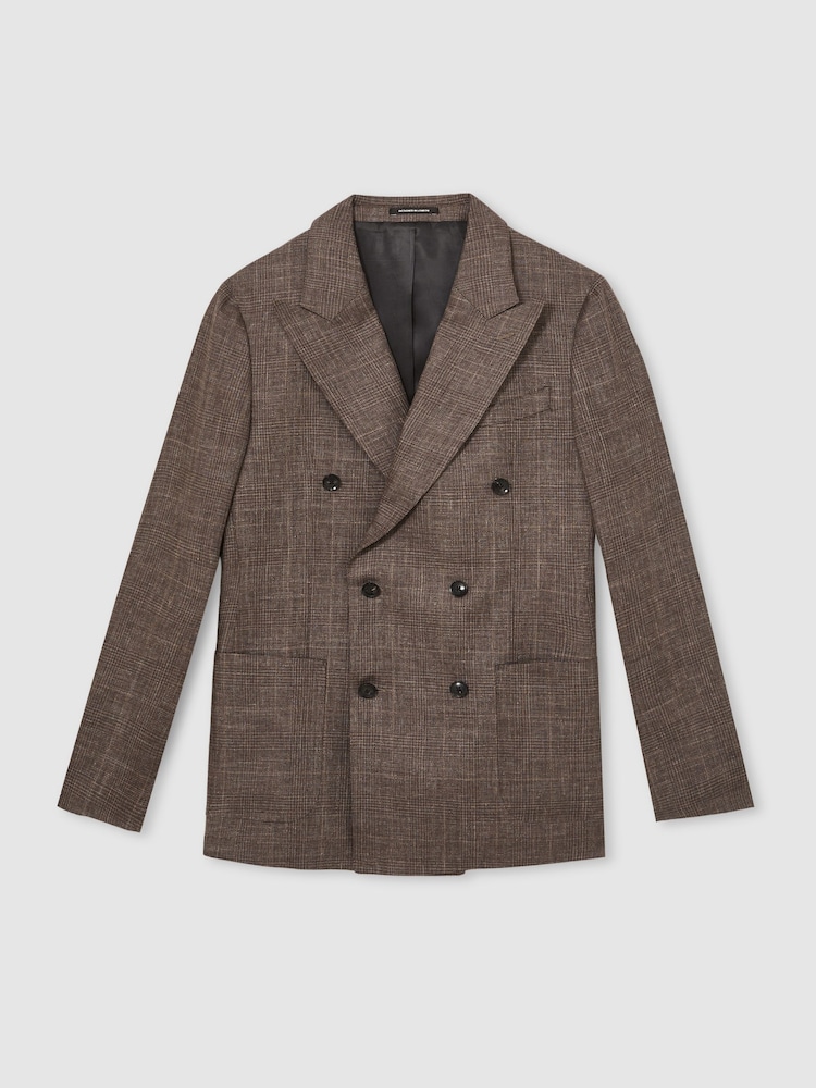 Reiss Dark Brown Ramsay Slim Fit Linen Double-Breasted Check Blazer - Image 2 of 9