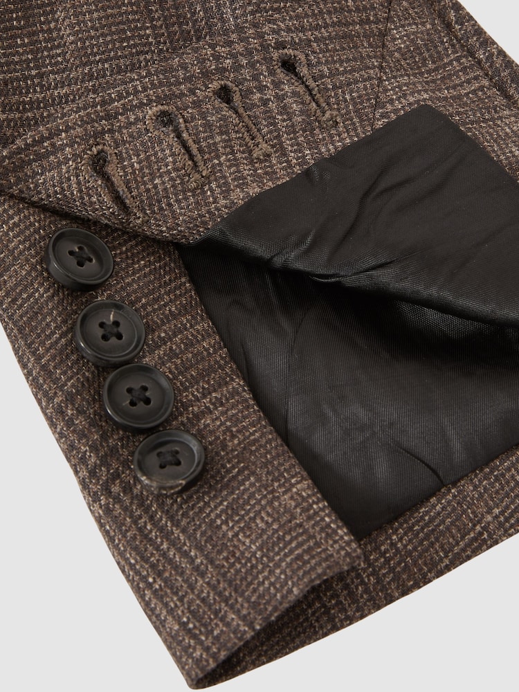 Reiss Dark Brown Ramsay Slim Fit Linen Double-Breasted Check Blazer - Image 9 of 9