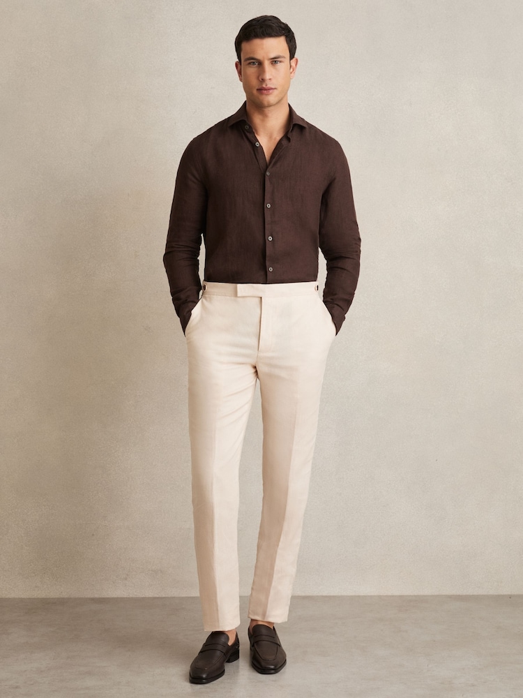 Reiss Dark Brown Ruban Linen Button-Through Shirt - Image 1 of 6 Reiss Dark Brown Ruban Linen Button-Through Shirt - Image 1 of 6