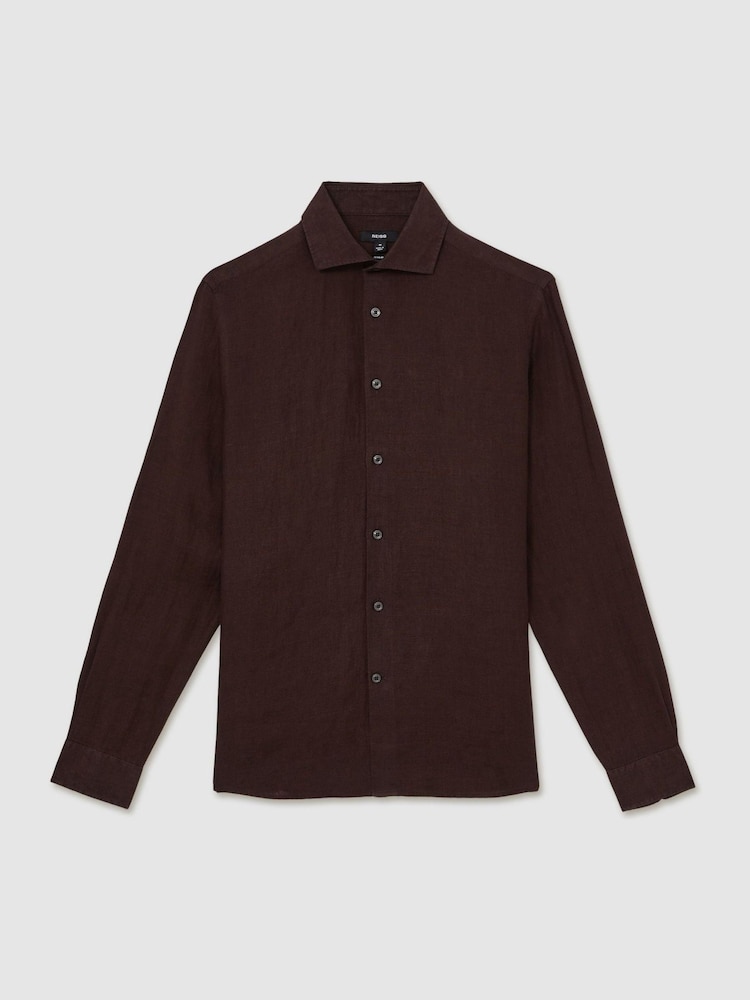 Reiss Dark Brown Ruban Linen Button-Through Shirt - Image 2 of 6 Reiss Dark Brown Ruban Linen Button-Through Shirt - Image 2 of 6