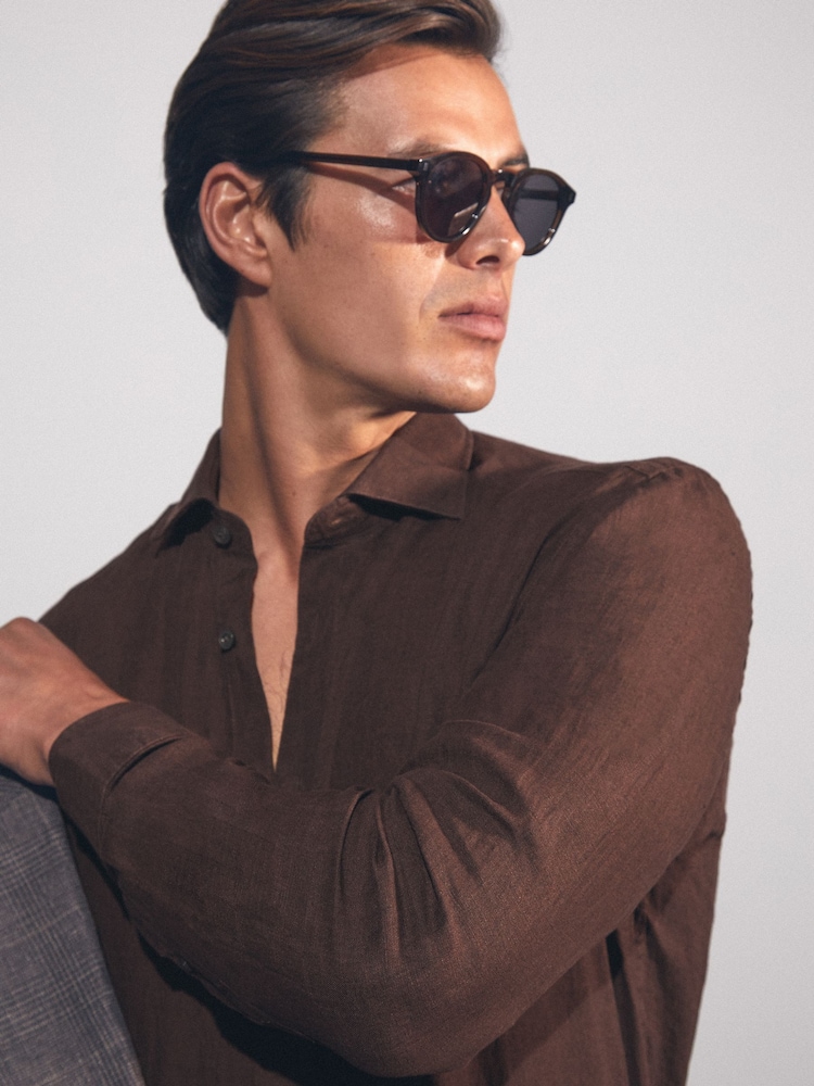 Reiss Dark Brown Ruban Linen Button-Through Shirt - Image 3 of 6