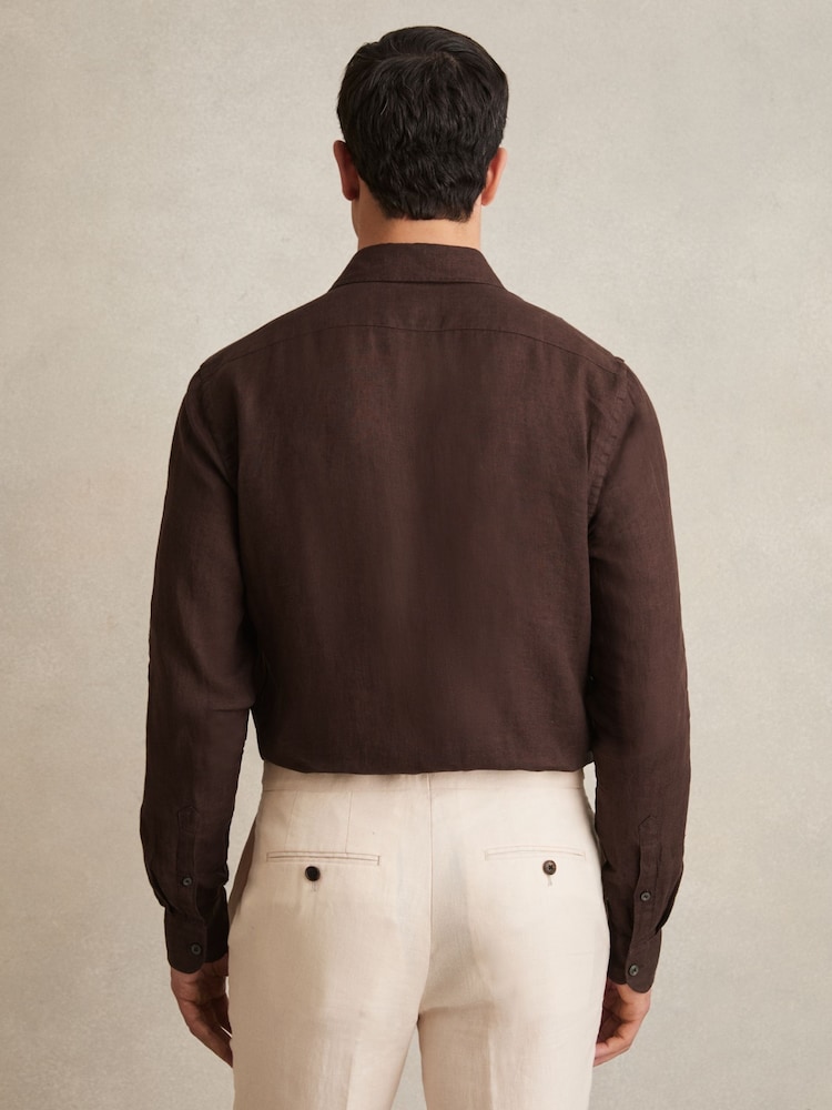Reiss Dark Brown Ruban Linen Button-Through Shirt - Image 4 of 6
