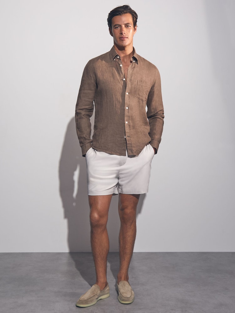 Reiss Light Taupe Brown Queens Linen Button-Through Shirt - Image 1 of 6