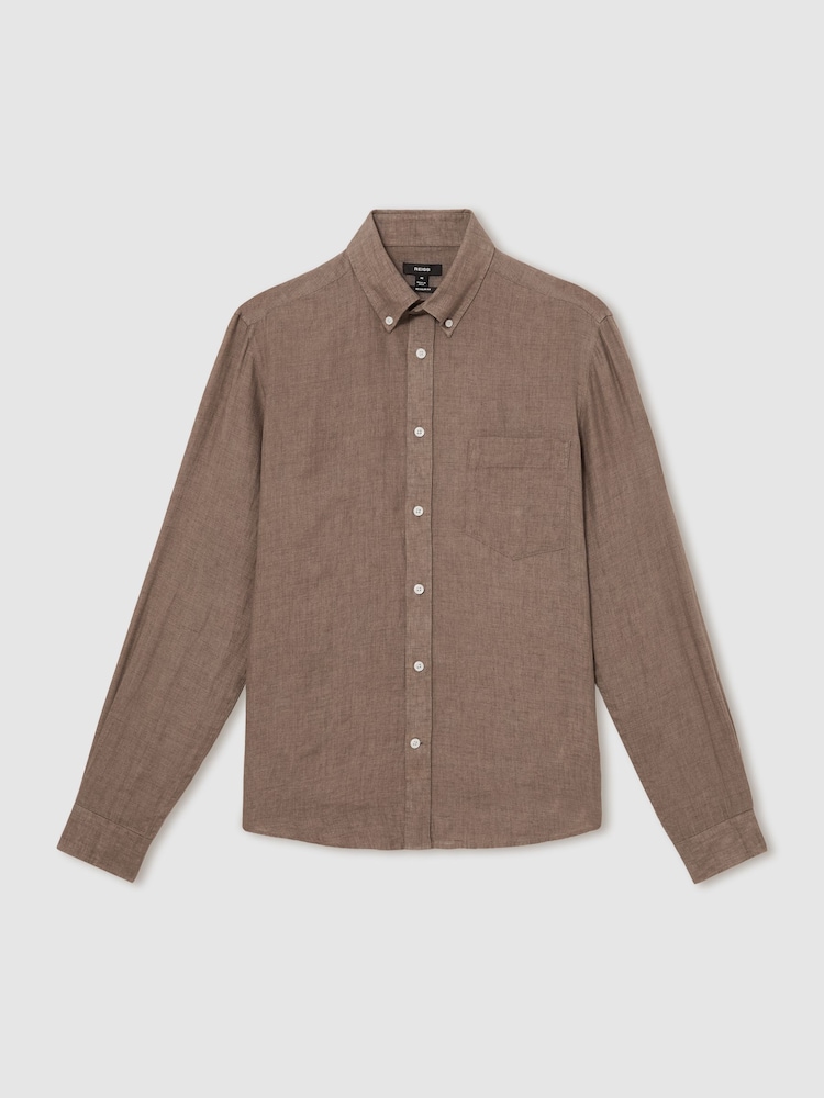 Reiss Light Taupe Brown Queens Linen Button-Through Shirt - Image 2 of 6