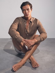 Reiss Light Taupe Brown Queens Linen Button-Through Shirt - Image 5 of 6