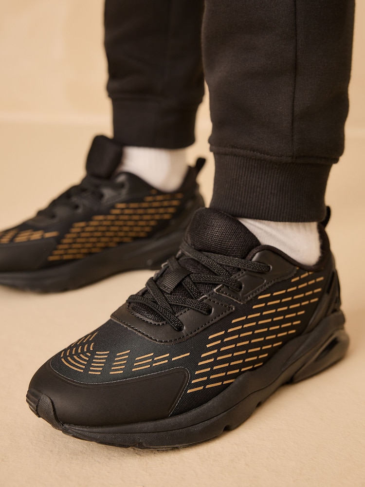 Black/Gold Standard Fit (F) Elastic Lace Trainers - Image 1 of 7 Black/Gold Standard Fit (F) Elastic Lace Trainers - Image 1 of 7