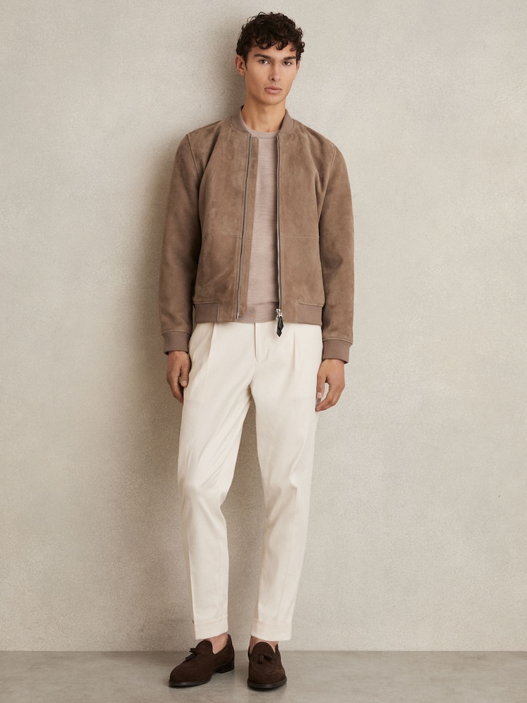 Reiss Mink Block Leather-Sleeve Suede Brick Bomber Jacket - Image 1 of 5