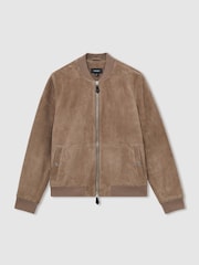 Reiss Mink Block Leather-Sleeve Suede Brick Bomber Jacket - Image 2 of 5