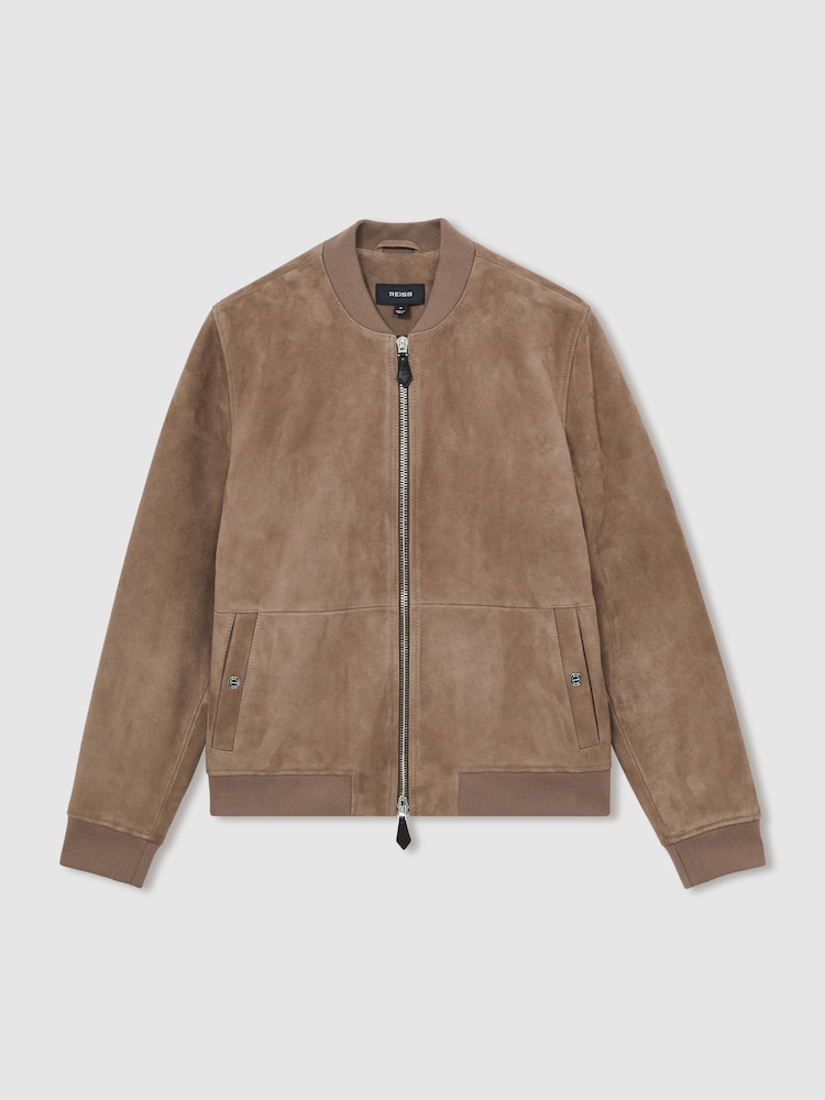 Reiss Mink Block Leather-Sleeve Suede Brick Bomber Jacket - Image 2 of 5