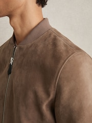 Reiss Mink Block Leather-Sleeve Suede Brick Bomber Jacket - Image 3 of 5