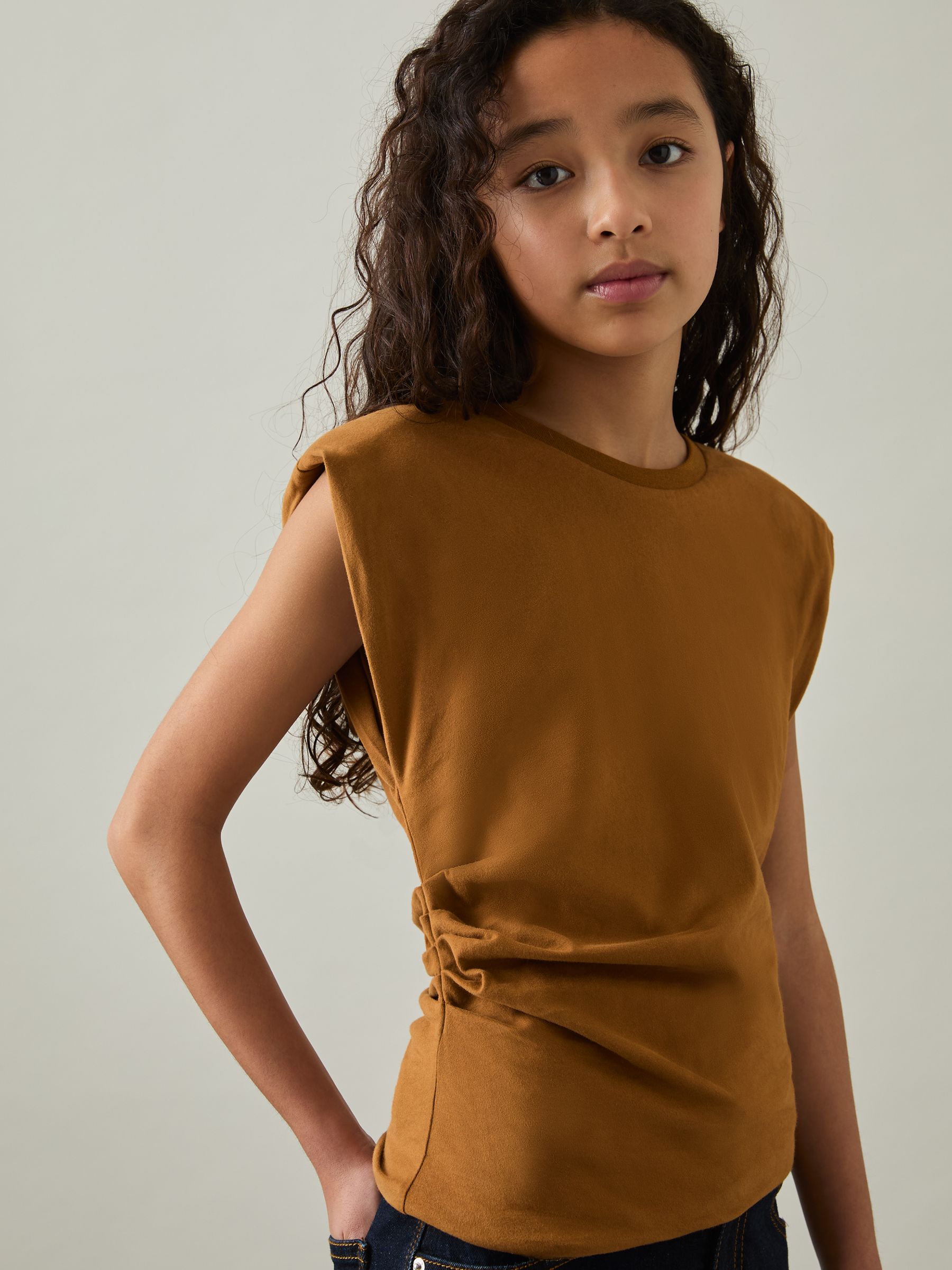 レディースウェア reeS Buy Reiss Tan Sadie 13-14 yrs Cotton Jersey Cap Sleeve Ruched Top
