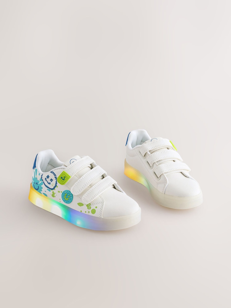 White Happy Face Light Up Touch Fastening Trainers - Image 1 of 8