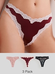 Pink/Berry/ Black Floral Thong High Shine Lace Trim Knickers 3 Pack - Image 1 of 10