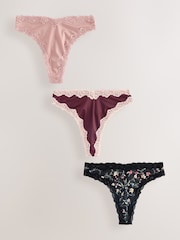 Pink/Berry/ Black Floral Thong High Shine Lace Trim Knickers 3 Pack - Image 5 of 10