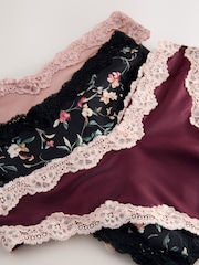 Pink/Berry/ Black Floral Thong High Shine Lace Trim Knickers 3 Pack - Image 9 of 10