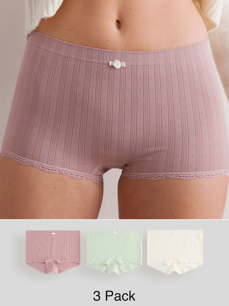 Ecru/Pink Short Seamfree Pointelle Knickers 3 Pack - Image 1 of 13