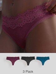 Blue/Pink Thong Lacetop Rib Knickers 3 Pack - Image 1 of 11