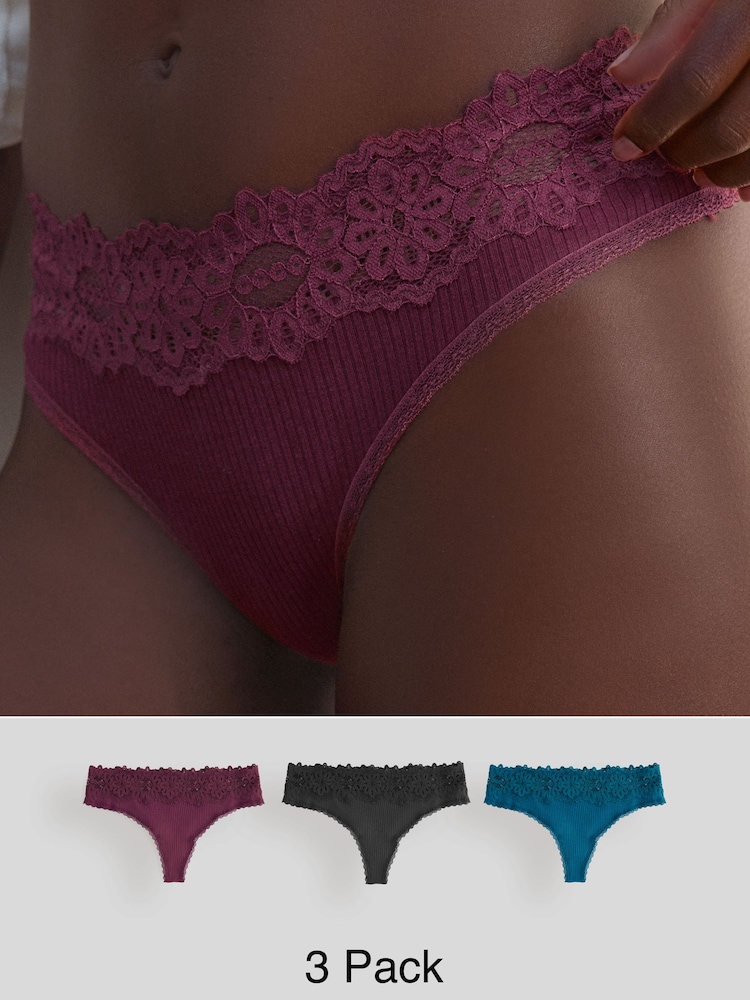 Blue/Pink Thong Lacetop Rib Knickers 3 Pack - Image 1 of 11