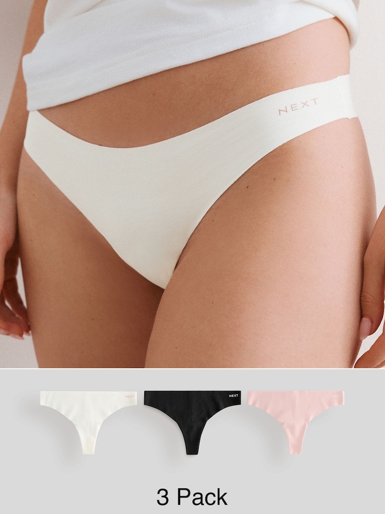 Cream/Pink/Black Thong Cotton Rich No VPL Knickers 3 Pack - Image 1 of 12 Cream/Pink/Black Thong Cotton Rich No VPL Knickers 3 Pack - Image 1 of 12
