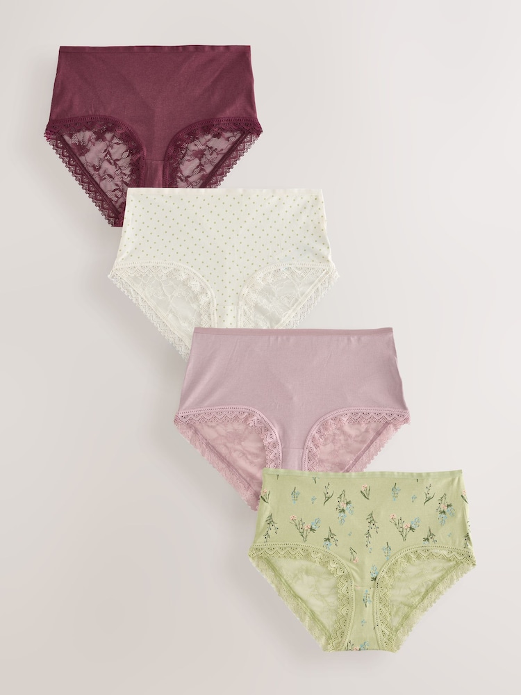 Green Floral Print/Berry Midi Full Brief Modal Ultimate Comfort Lace Knickers 4 Pack - Image 1 of 10 Green Floral Print/Berry Midi Full Brief Modal Ultimate Comfort Lace Knickers 4 Pack - Image 1 of 10