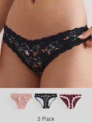 Pink/Berry/ Black Floral Brazilian High Shine Lace Trim Knickers 3 Pack - Image 1 of 12