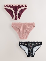 Pink/Berry/ Black Floral Brazilian High Shine Lace Trim Knickers 3 Pack - Image 7 of 12
