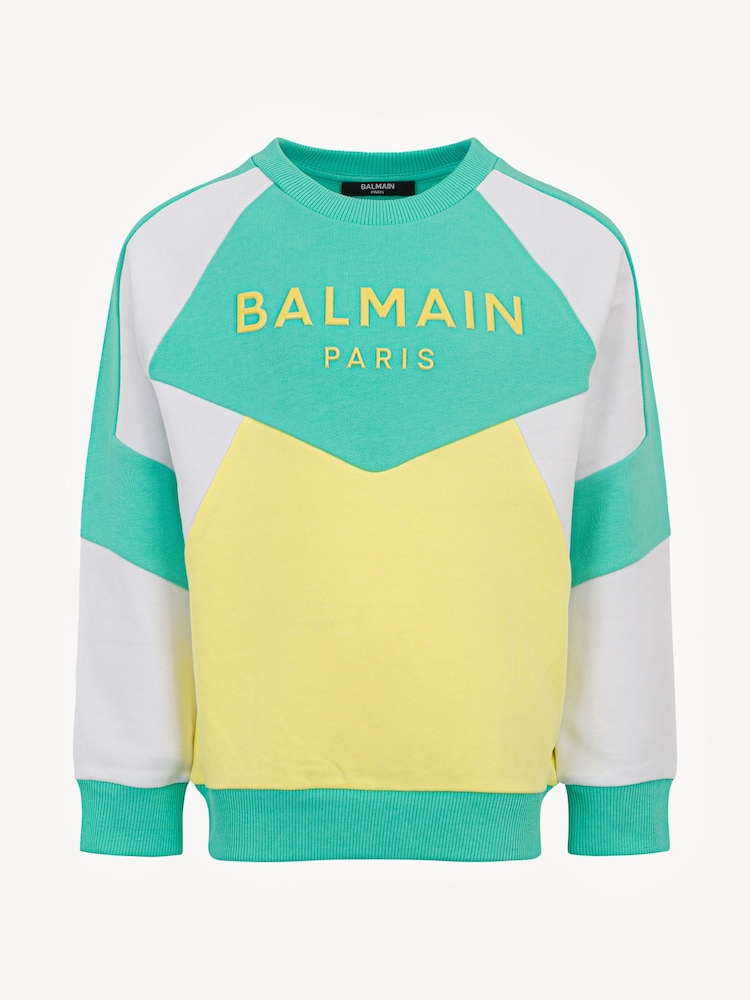 Balmain Green Logo Long Sleeve Colourbock Crew Neck Sweatshirt - Image 1 of 3 Balmain Green Logo Long Sleeve Colourbock Crew Neck Sweatshirt - Image 1 of 3
