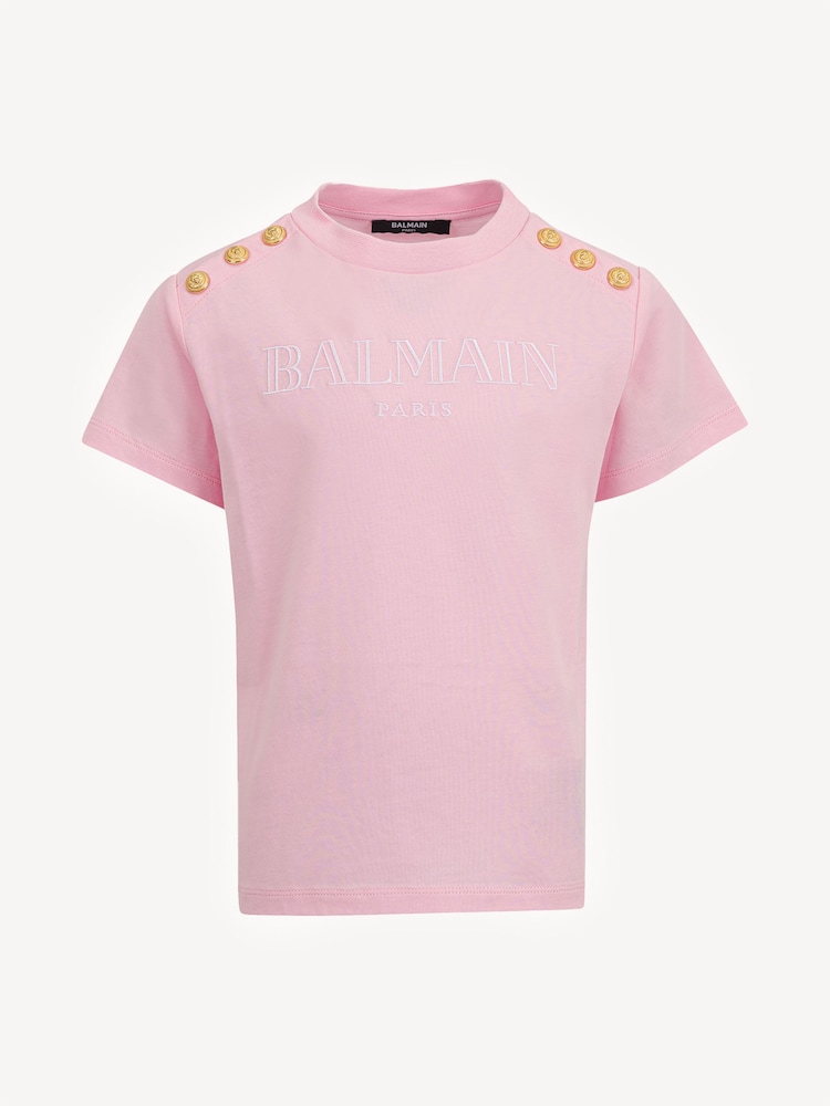 Balmain Pink Short Sleeve T-Shirt With Metail Button Detail - Image 1 of 1