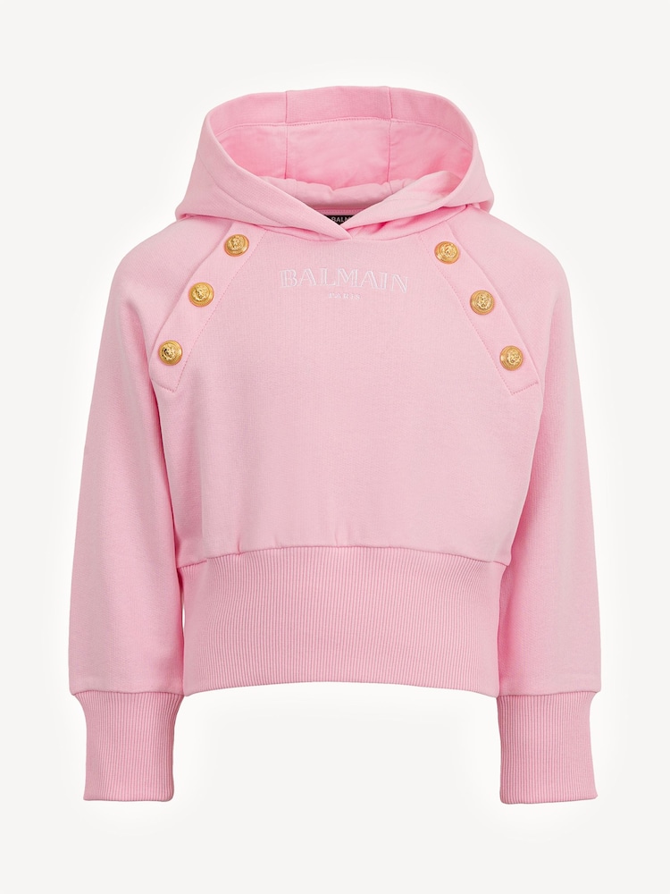 Balmain Pink Logo Long Sleeve Hoodie With Metail Button Detail - Image 1 of 1