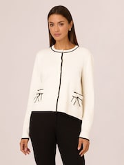 Adrianna Papell Crew Neck Tipped Bow Pocket Long Sleeve White Cardigan Sweater - Image 1 of 7