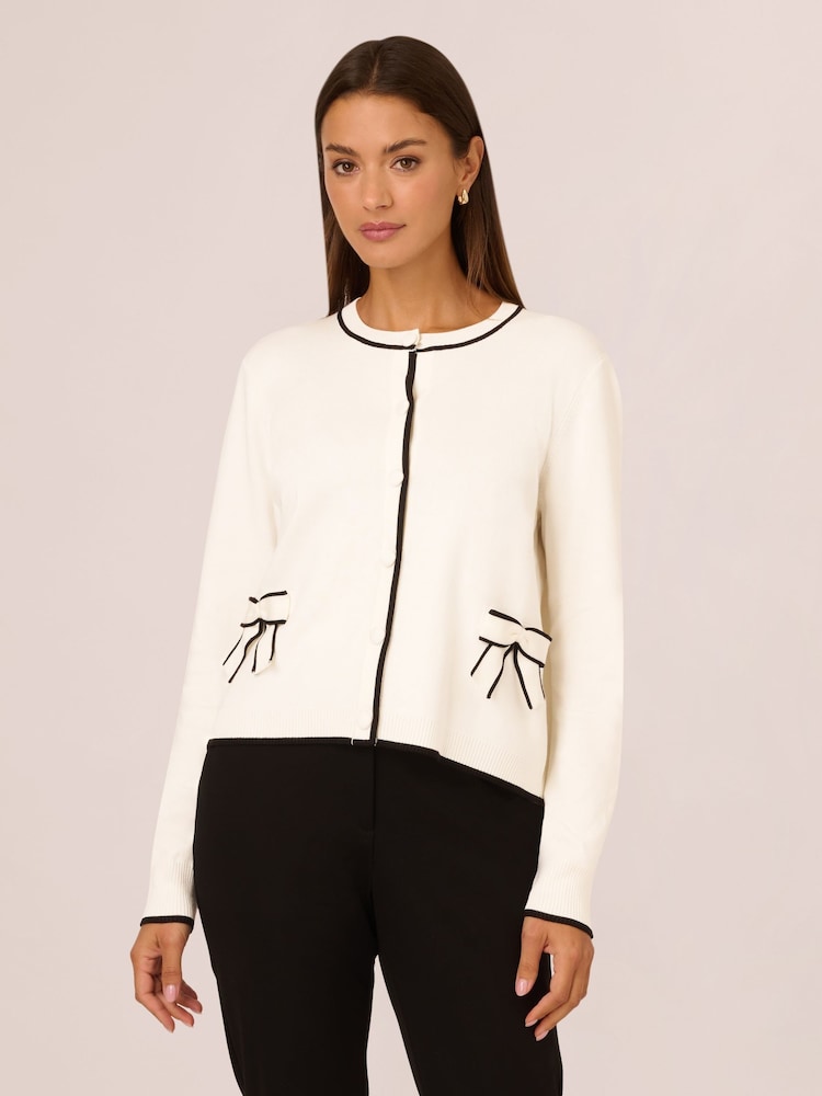 Adrianna Papell Crew Neck Tipped Bow Pocket Long Sleeve White Cardigan Sweater - Image 1 of 7