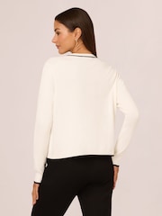 Adrianna Papell Crew Neck Tipped Bow Pocket Long Sleeve White Cardigan Sweater - Image 2 of 7