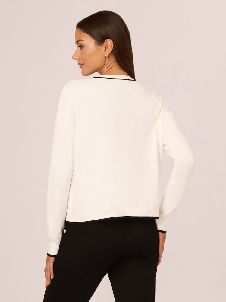 Adrianna Papell Crew Neck Tipped Bow Pocket Long Sleeve White Cardigan Sweater - Image 2 of 7