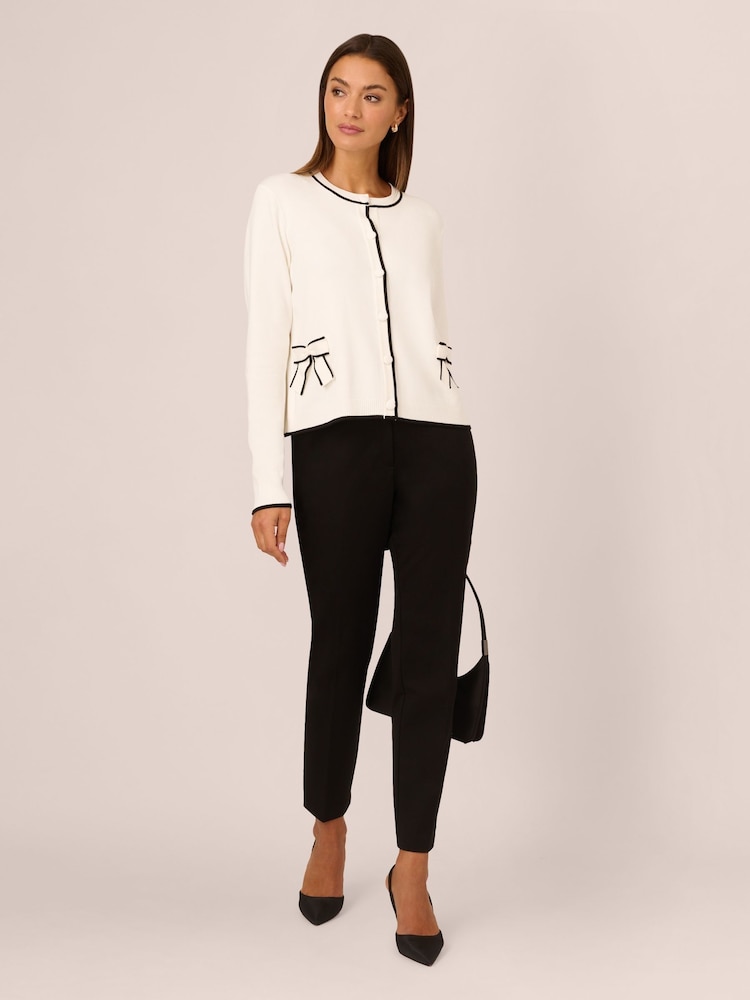 Adrianna Papell Crew Neck Tipped Bow Pocket Long Sleeve White Cardigan Sweater - Image 3 of 7