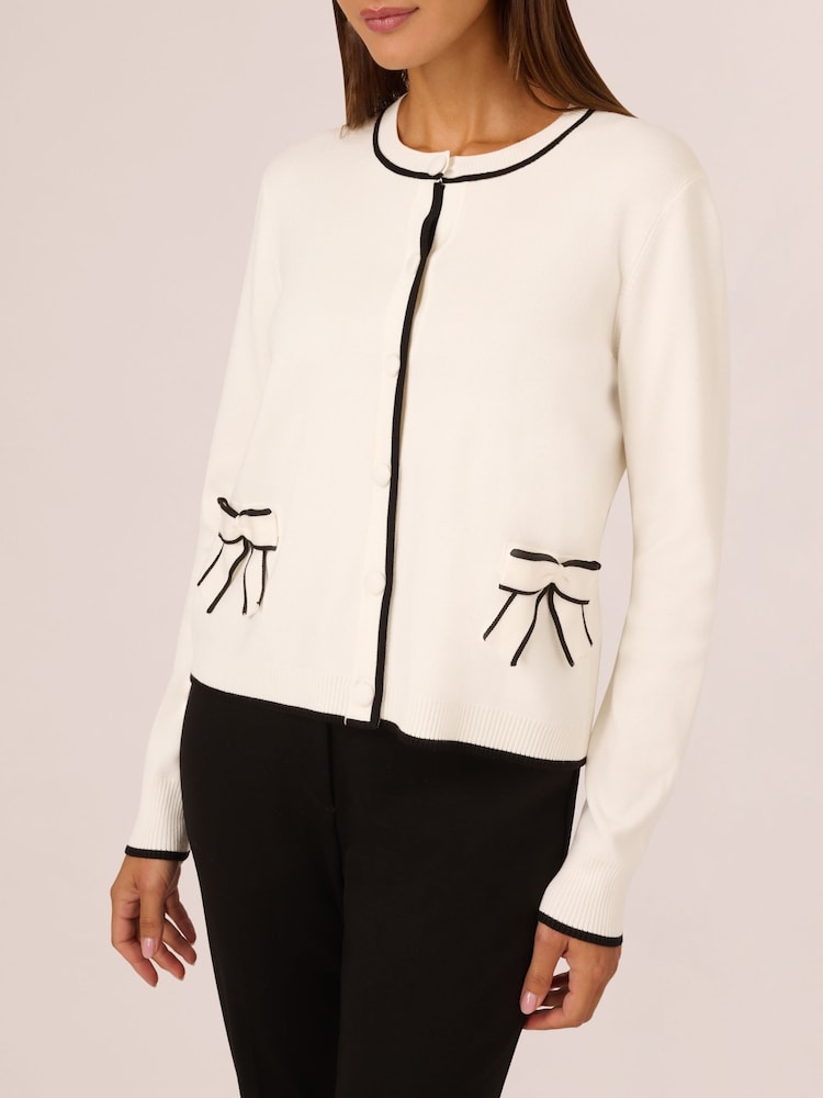 Adrianna Papell Crew Neck Tipped Bow Pocket Long Sleeve White Cardigan Sweater - Image 4 of 7
