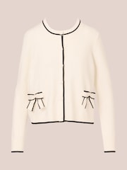 Adrianna Papell Crew Neck Tipped Bow Pocket Long Sleeve White Cardigan Sweater - Image 6 of 7