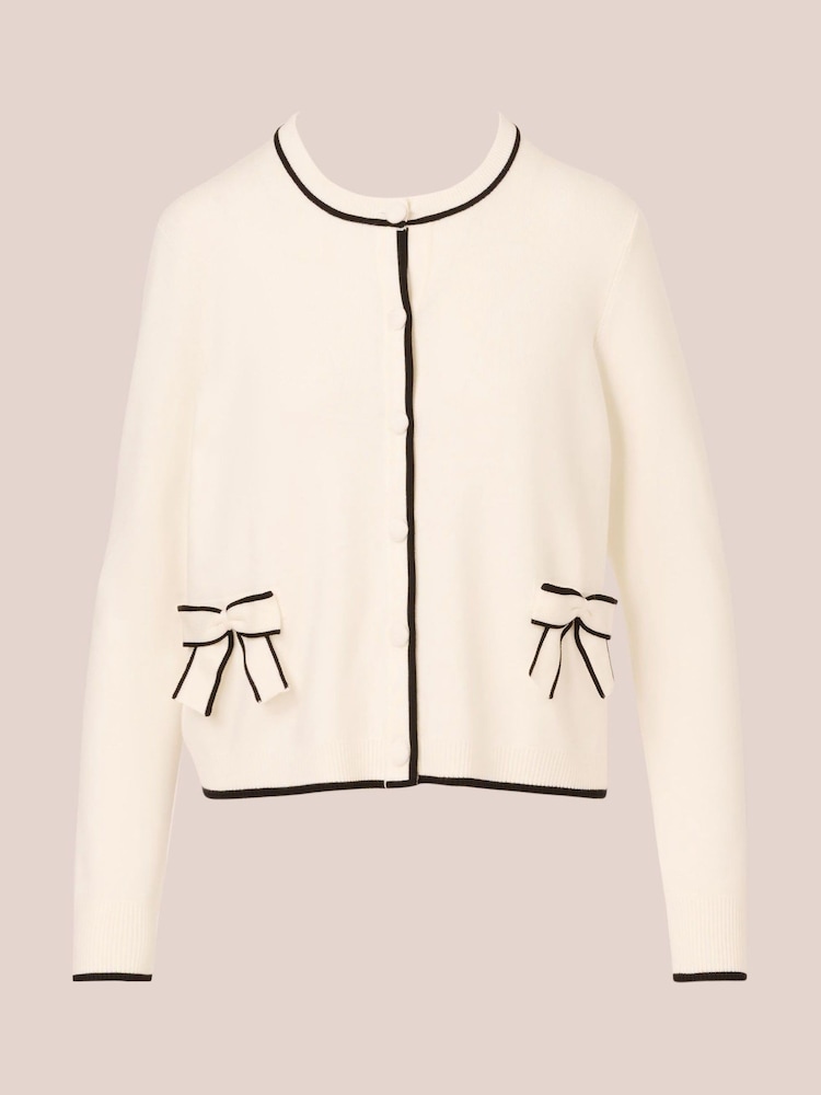 Adrianna Papell Crew Neck Tipped Bow Pocket Long Sleeve White Cardigan Sweater - Image 6 of 7