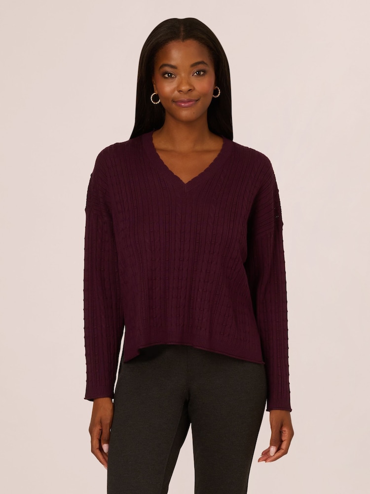 Adrianna Papell V-Neck Pointelle Long Sleeve Sweater - Image 1 of 7