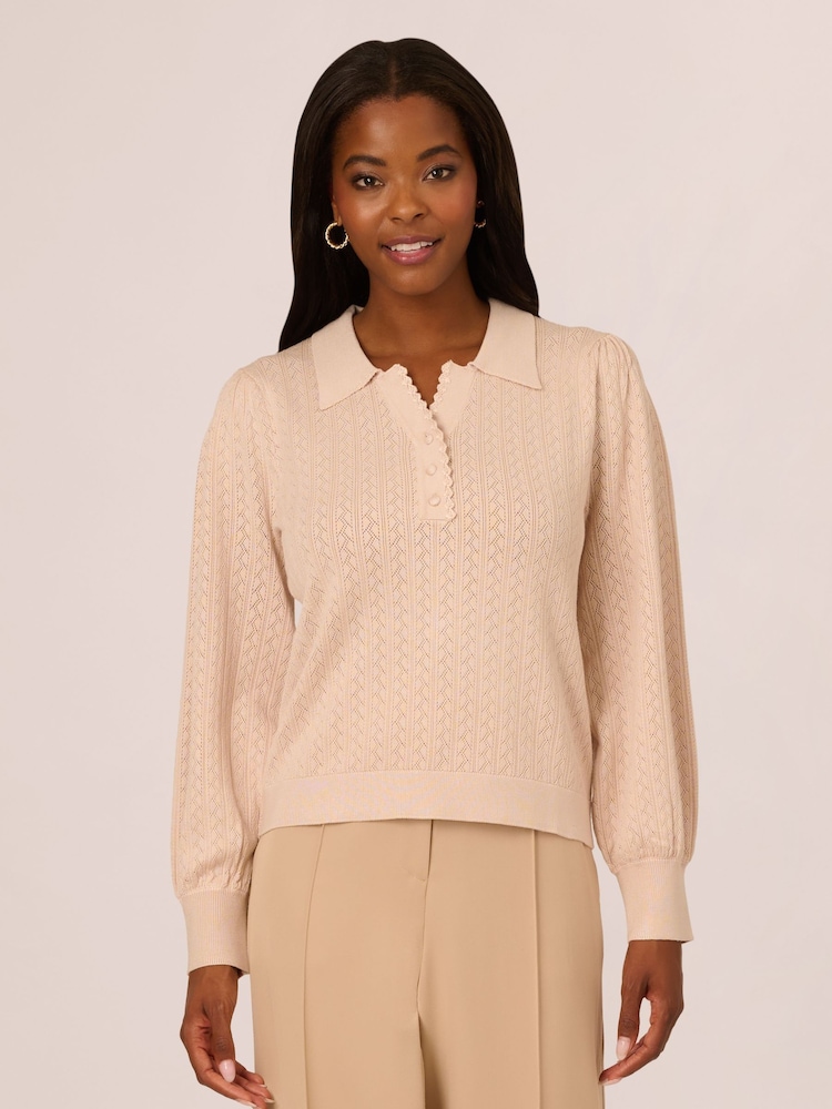 Adrianna Papell Pink Long Sleeve Pointelle Sweater With A Polo Collar - Image 1 of 6