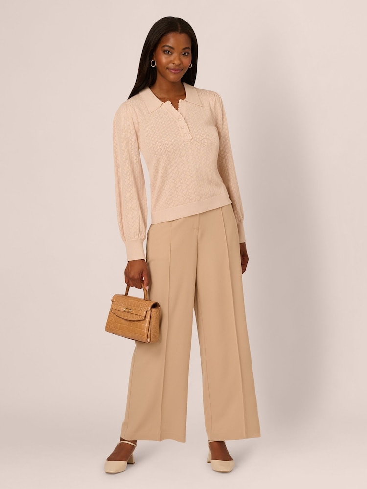 Adrianna Papell Pink Long Sleeve Pointelle Sweater With A Polo Collar - Image 3 of 6