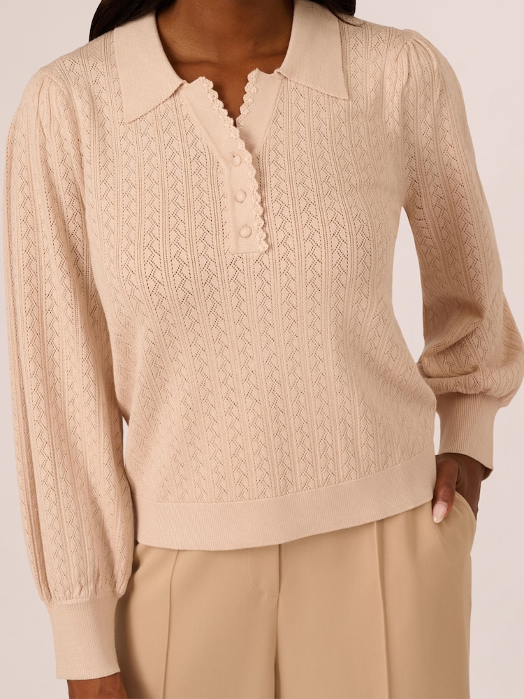 Adrianna Papell Pink Long Sleeve Pointelle Sweater With A Polo Collar - Image 4 of 6