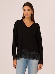 Adrianna Papell V-Neck Solid Twofer Black Sweater With Lace Combo - Image 1 of 7
