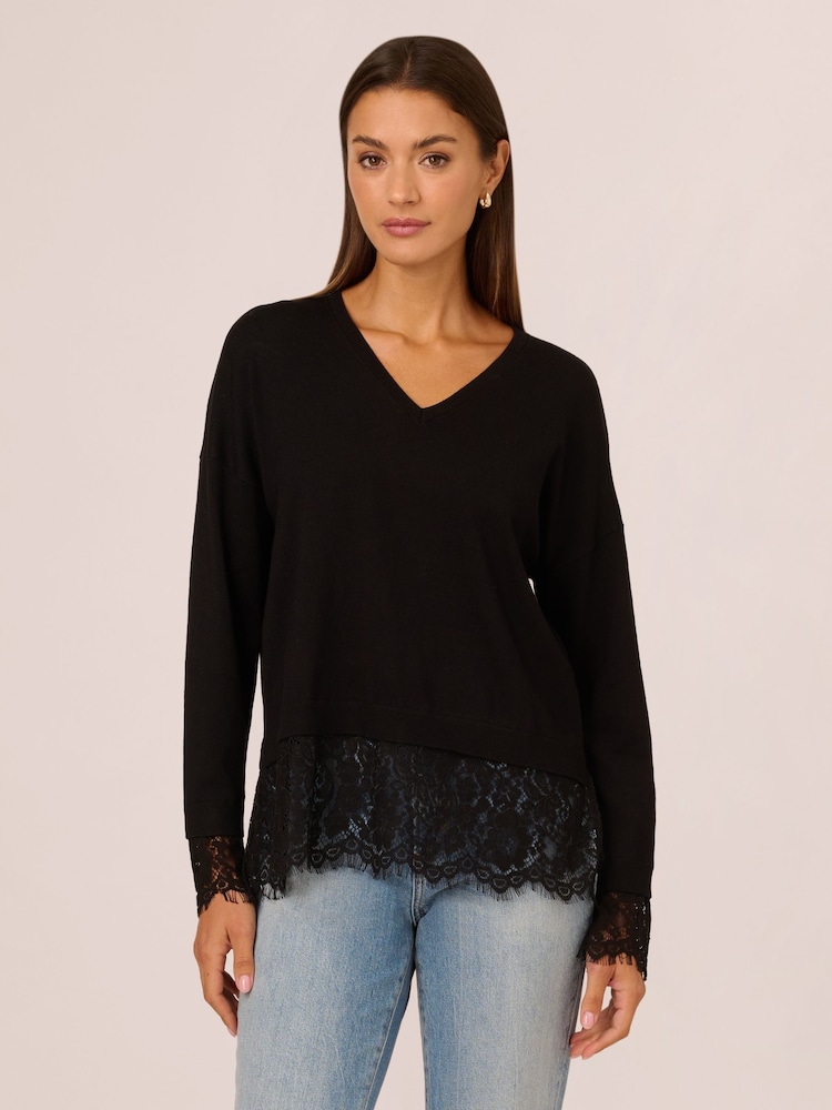 Adrianna Papell V-Neck Solid Twofer Black Sweater With Lace Combo - Image 1 of 7
